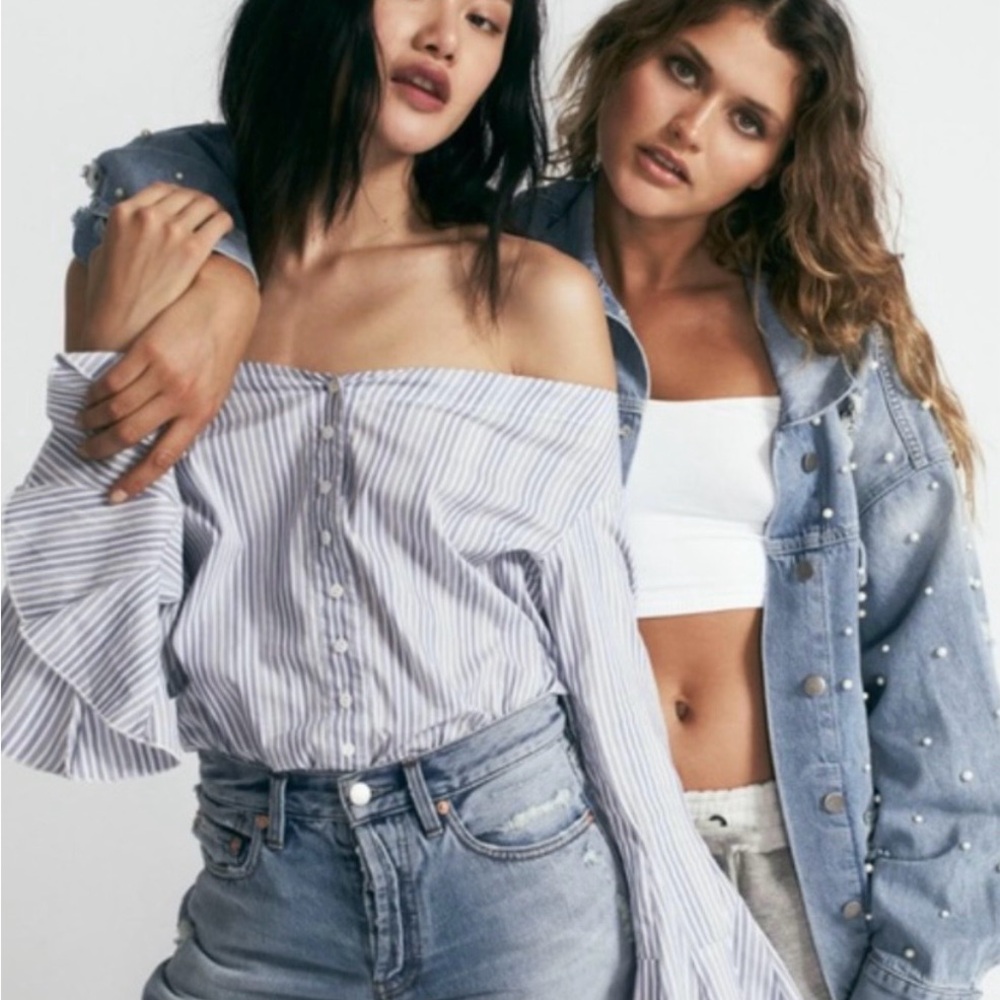 Free People XS March To The Beat Blue White Striped Off The Shoulder Blouse Top